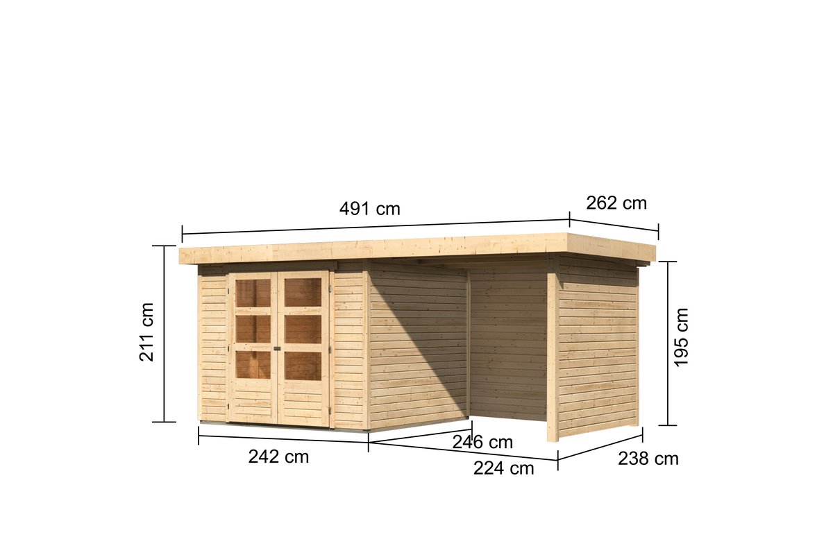 Gartenhaus Askola 3,5 - 242 x 246 cm inkl. Anbaudach 2,40 mit Wänden, 19 mm Holz naturbelassen, Kari
