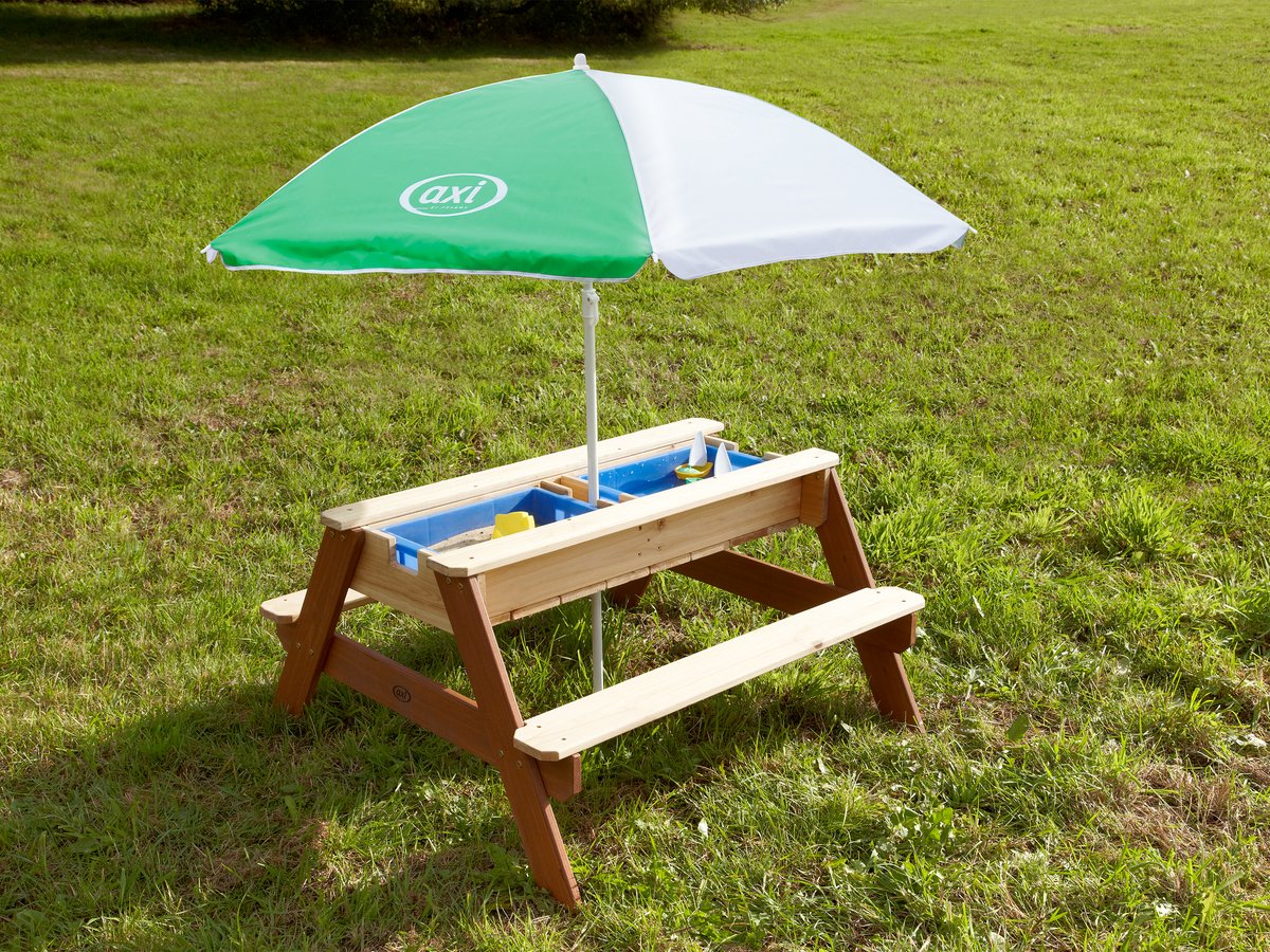 Sand-/Wasser-Spieltisch Nick braun mit Sonnenschirm grün/weiß