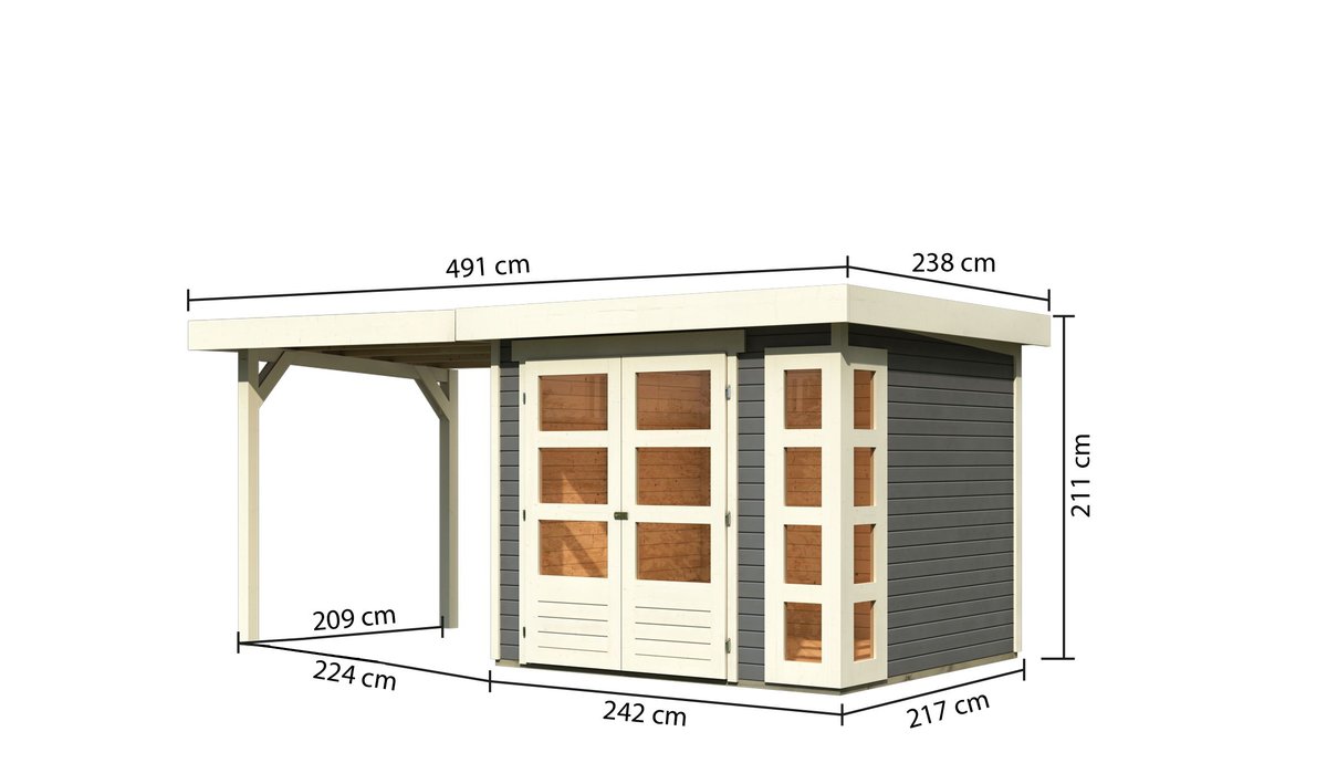 Gartenhaus Kerko 3 - 238 x 213 cm inkl. Anbaudach 2,40 m, 19 mm Holz terragrau, Karibu