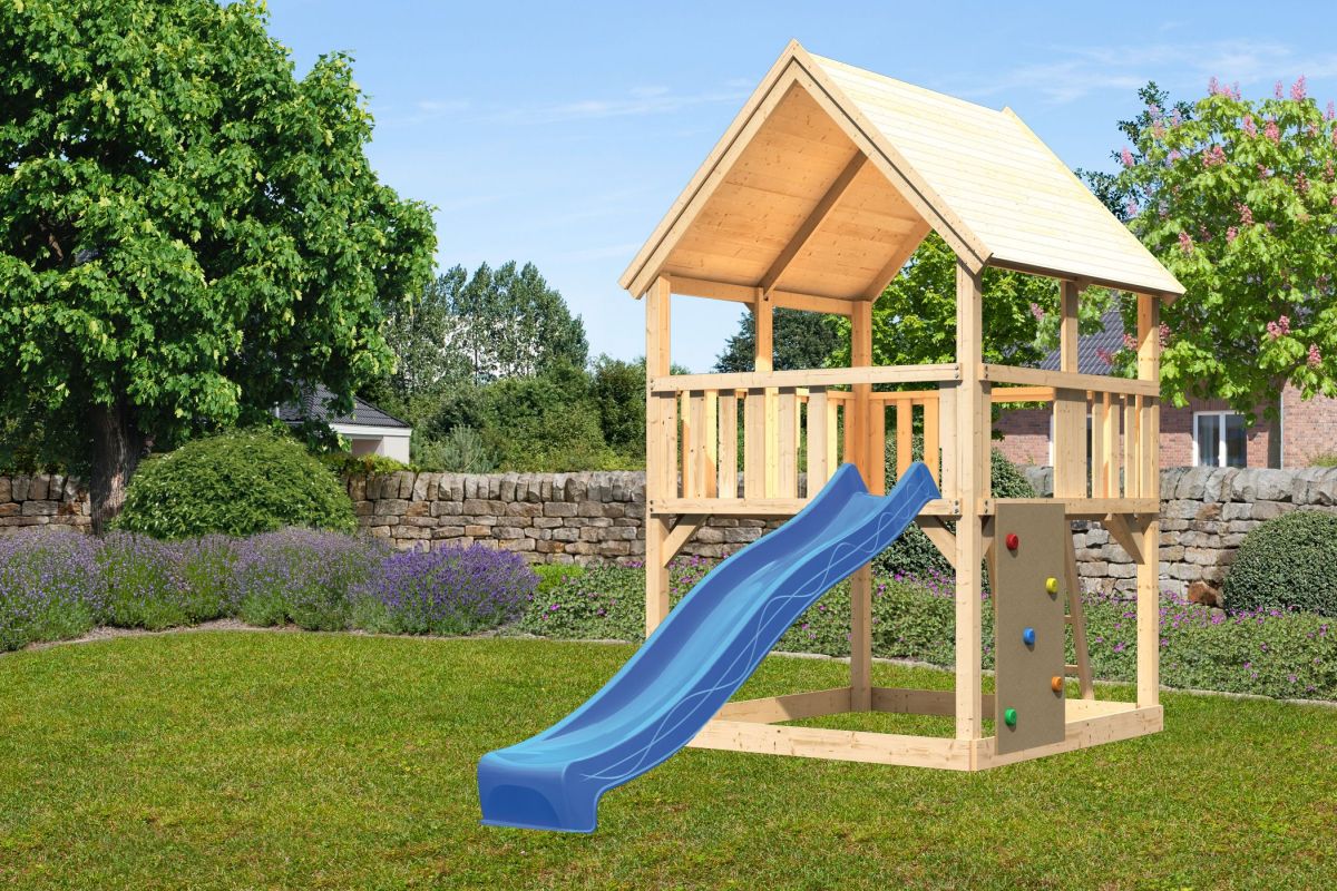 Spielturm Luis natur, SET mit Kletterwand und Rutsche blau, Karibu