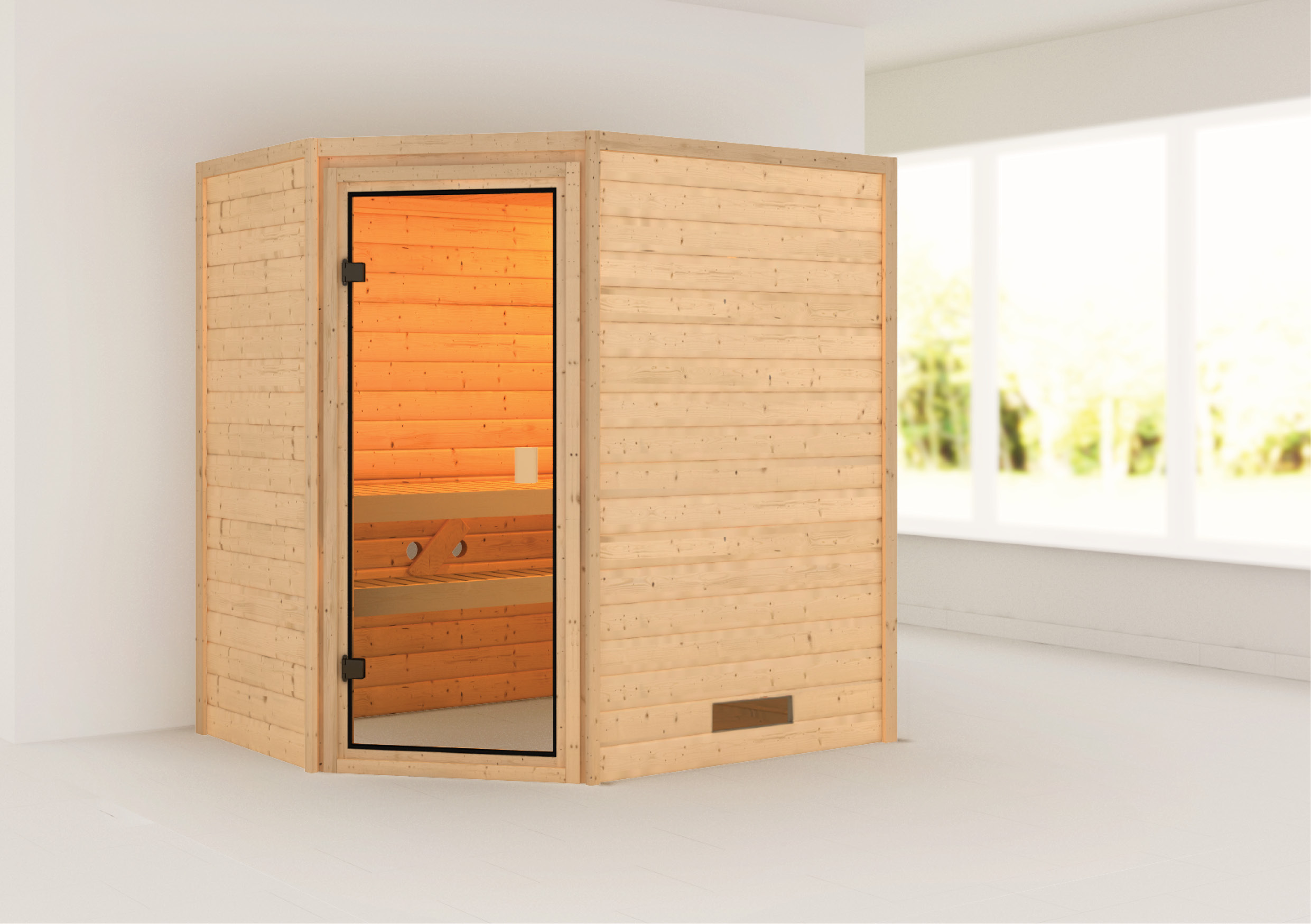 Aktionssauna Kemi 1 mit Eckeinstieg - 196x146 cm, 38 mm Massivholzsauna