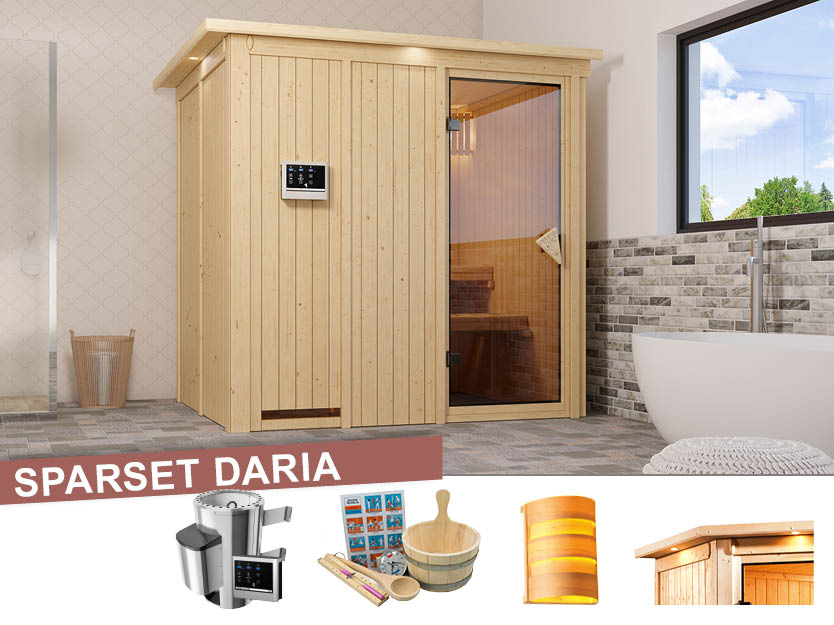 Karibu Plug & Play Sauna Daria Sparset inkl. Saunaofen, Leuchte und Zubehörset