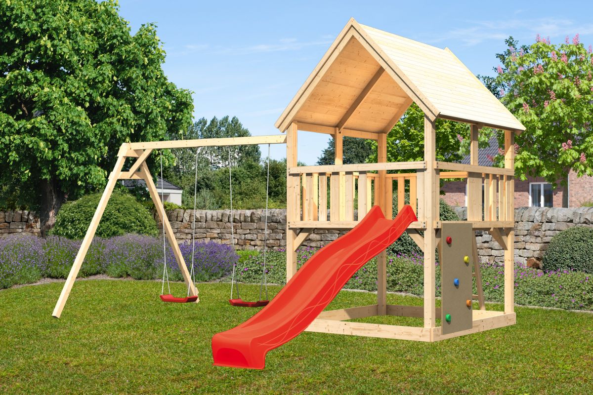 Spielturm Luis natur, SET mit Kletterwand, Doppelschaukel und Rutsche rot