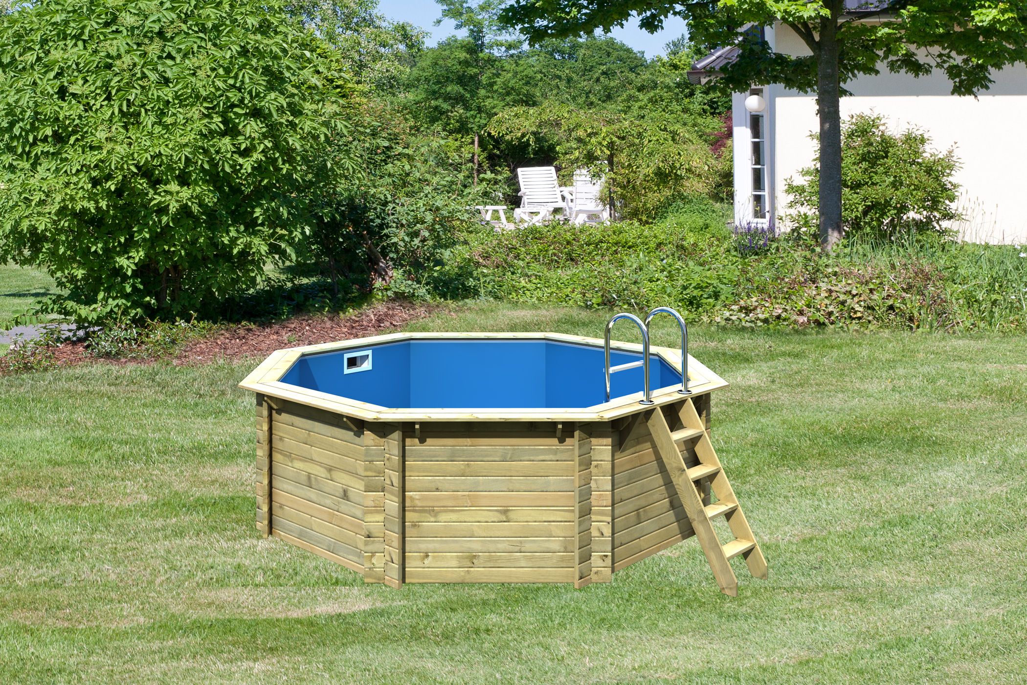 Karibu Pool Modell 1A Classic 400x400 cm, Holz kdi mit blauer Poolfolie 