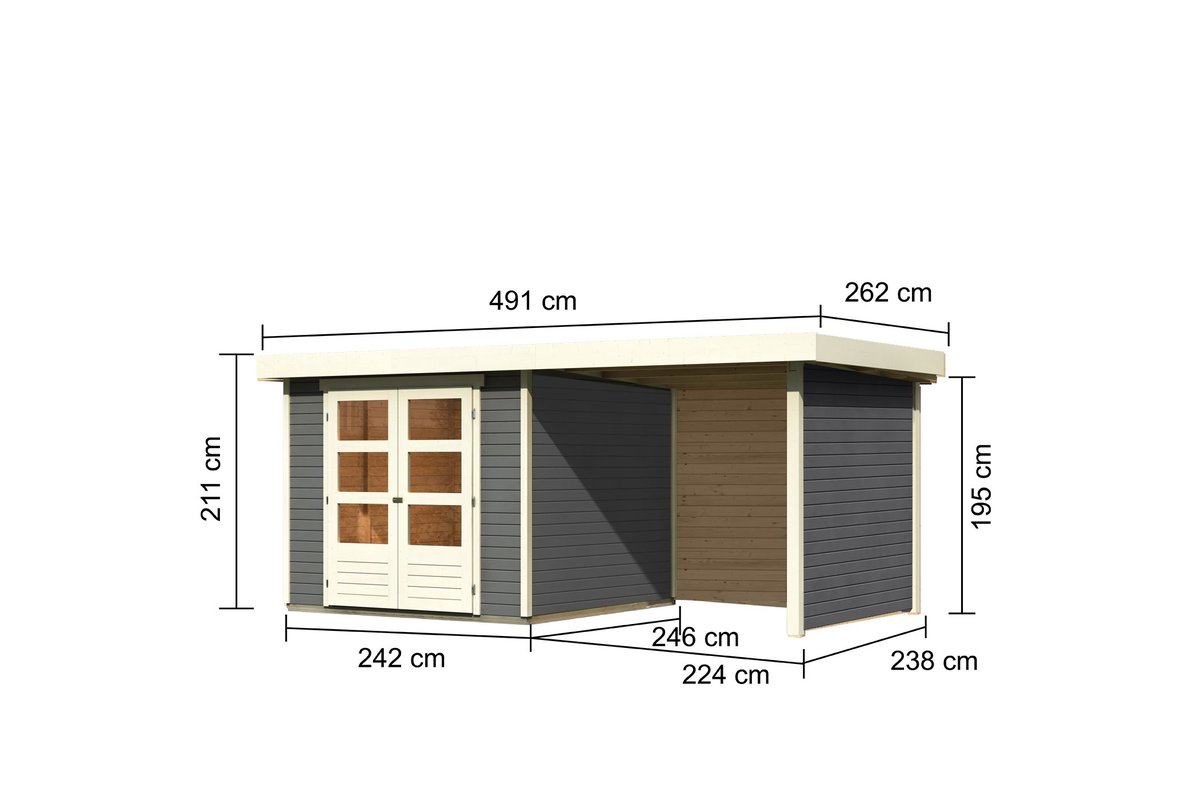 Gartenhaus Askola 3,5 - 242 x 246 cm inkl. Anbaudach 2,40 m mit Wänden, 19 mm Holz terragrau, Karibu