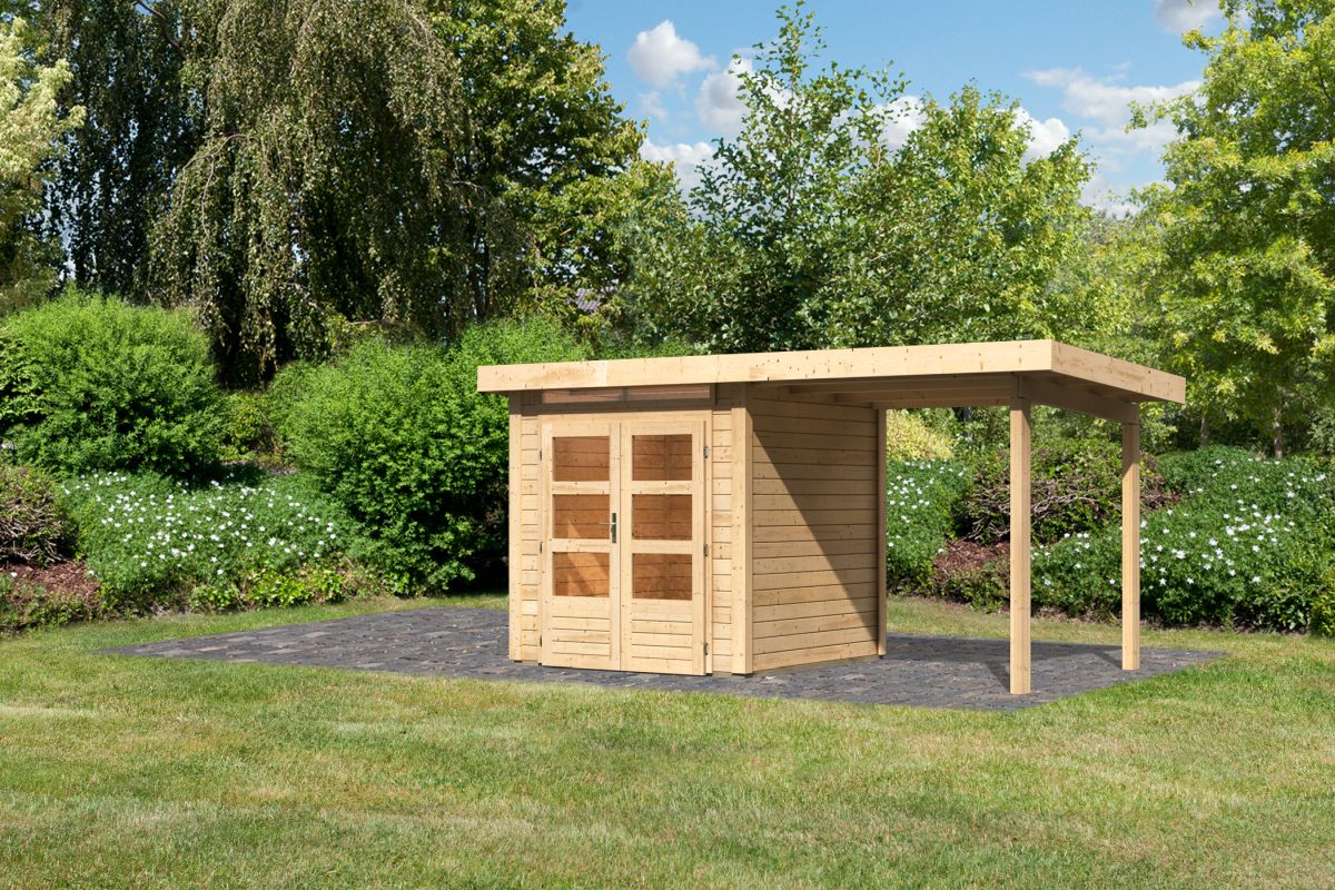 Gartenhaus Kandern 1  - 204x204 cm mit Anbaudach 2,35 m, 28 mm naturbelassen, Karibu