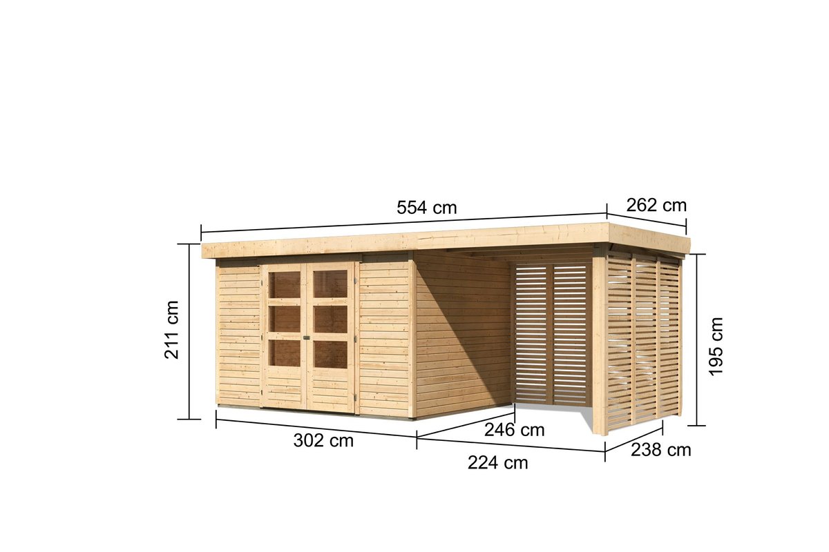 Gartenhaus Askola 5, 302 x 246 cm inkl Anbaudach 2,40 mit Lamellenwänden, 19 mm Holz naturbelassen