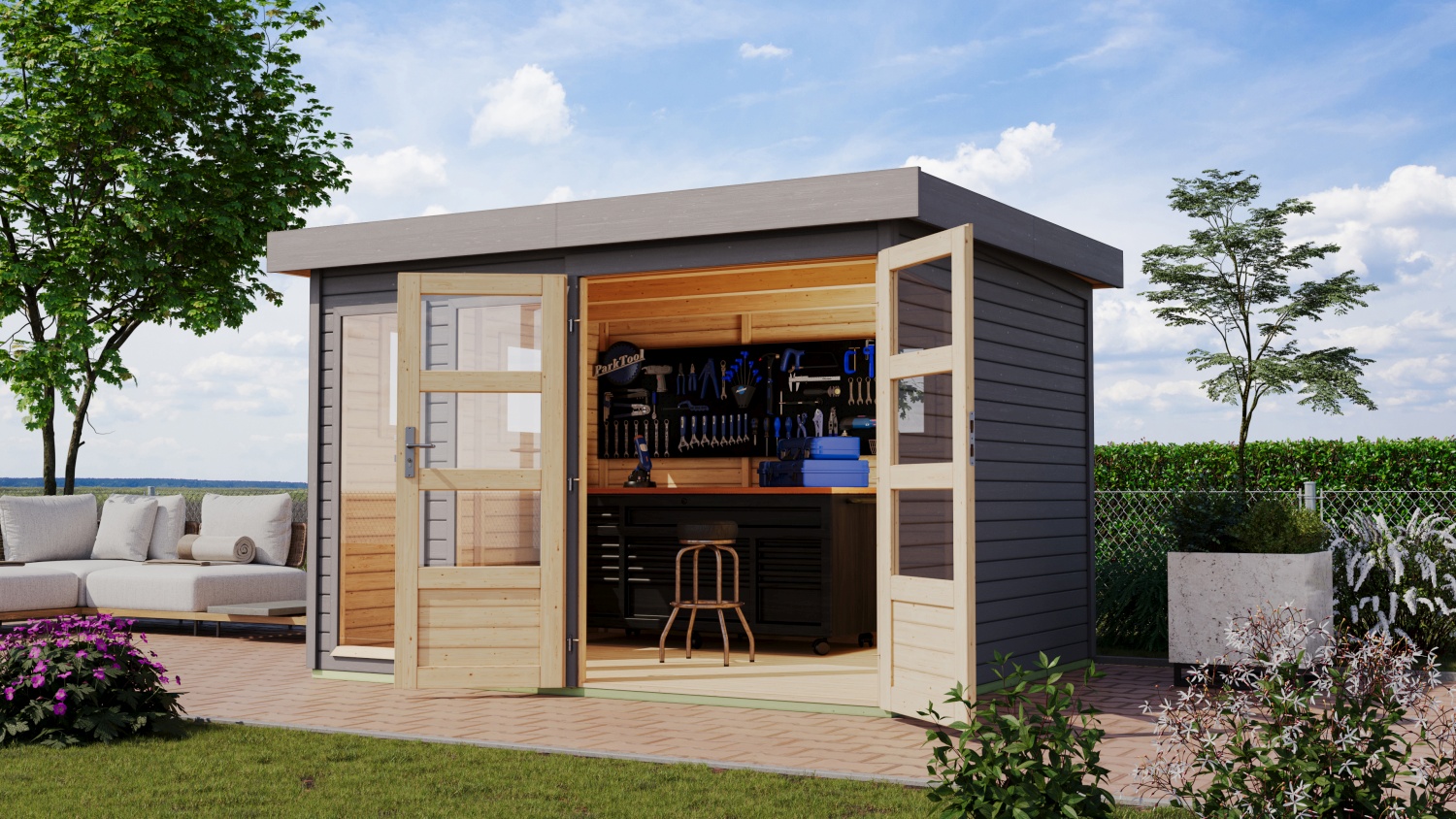 Gartenhaus Lahar 5 - 302x246 cm, 19 mm Holz terragrau, Karibu