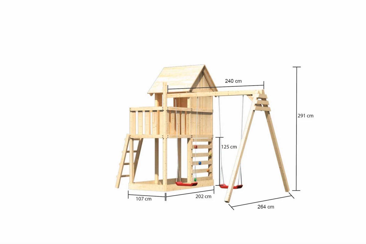 Stelzenhaus Frieda naturbelassen, Set mit Doppelschaukel und Kletterwand, Karibu