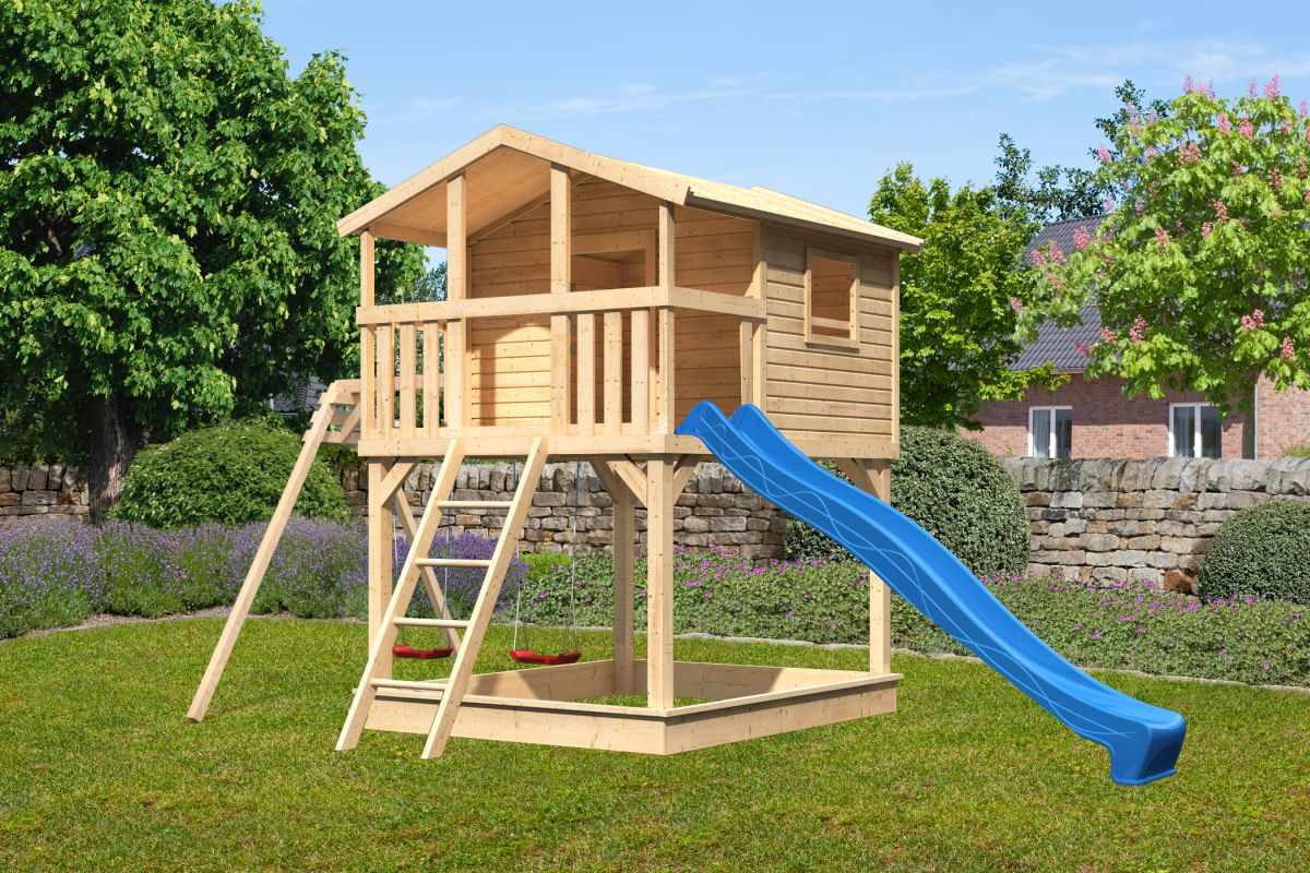 Stelzenhaus Benjamin naturbelassen mit Doppelschaukel und Rutsche blau