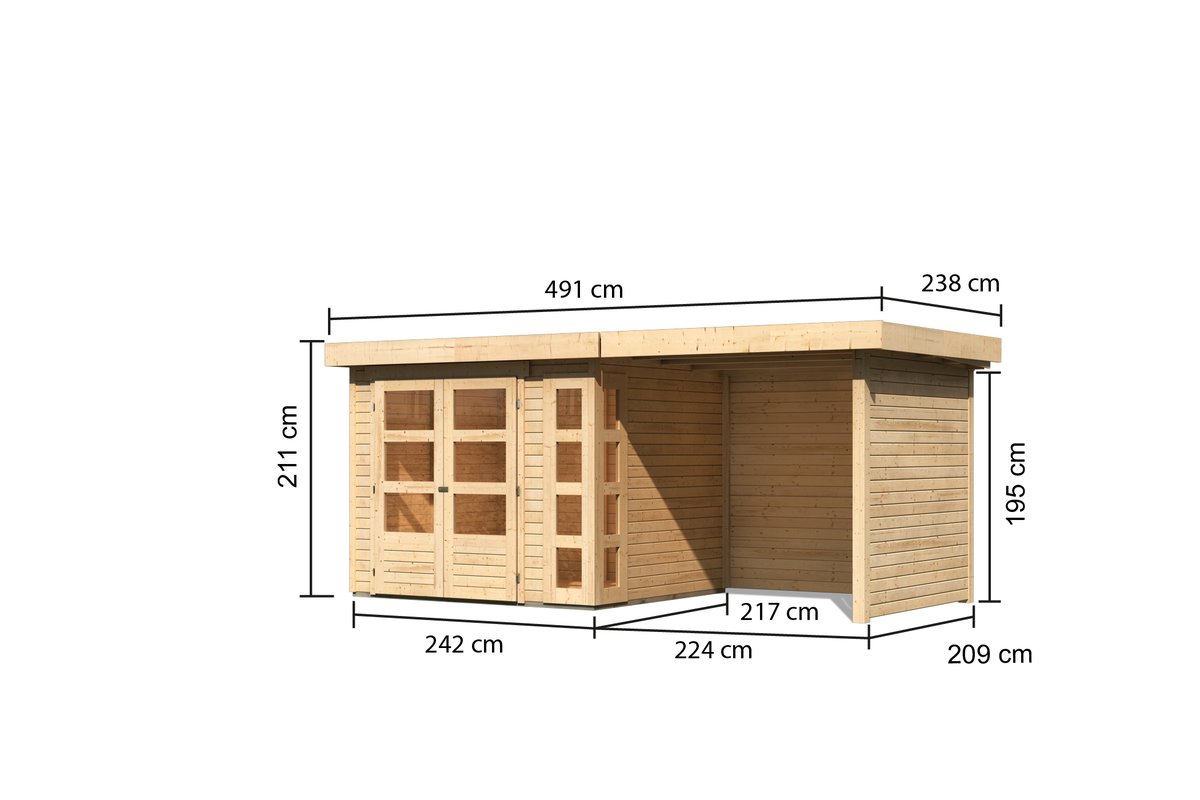 Gartenhaus Kerko 3 - 238x213 cm plus Anbaudach 2,40 m mit Wänden, 19 mm Holz naturbelassen