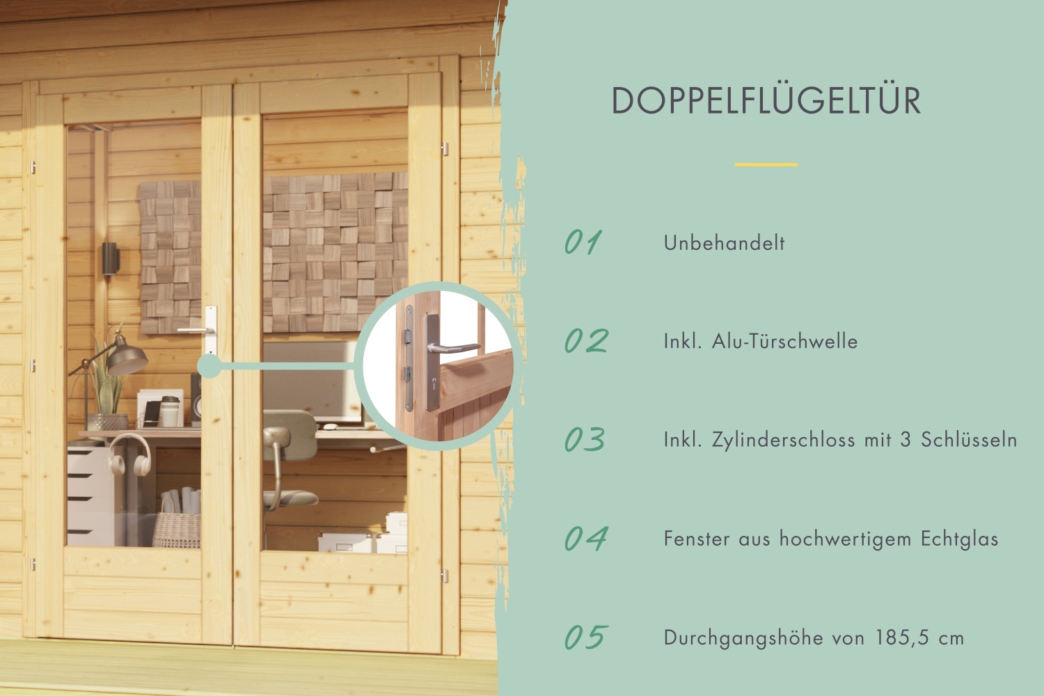 Gartenhaus Lotus für Dachbegrünung - 393x393 cm, 38 mm Holz naturbelassen, Karibu