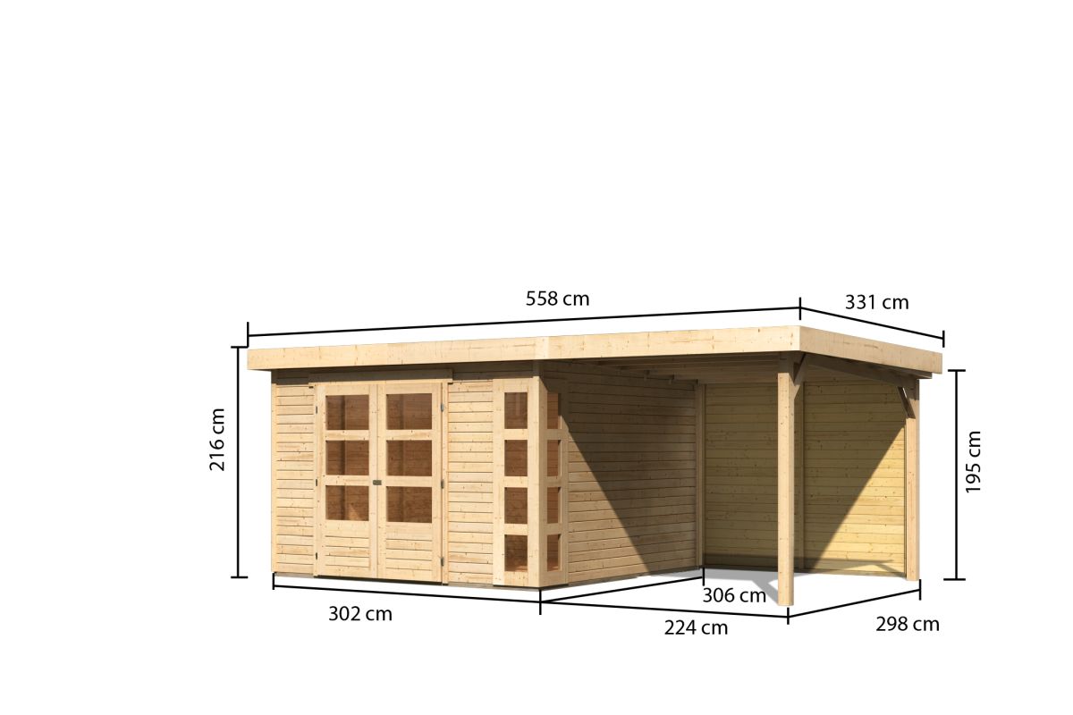 Gartenhaus Kerko 6 - 298x302 cm, inkl. Anbaudach 2,40m mit Rückwand, 19 mm naturbelassen, Karibu