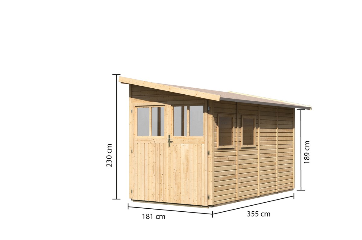 Anlehnhaus Wandlitz 4 - 181x355 cm, 19 mm Holz naturbelassen, Karibu