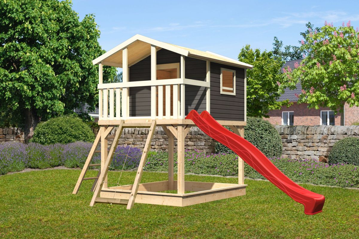 Stelzenhaus Benjamin terragrau mit Rutsche rot und Netzrampe