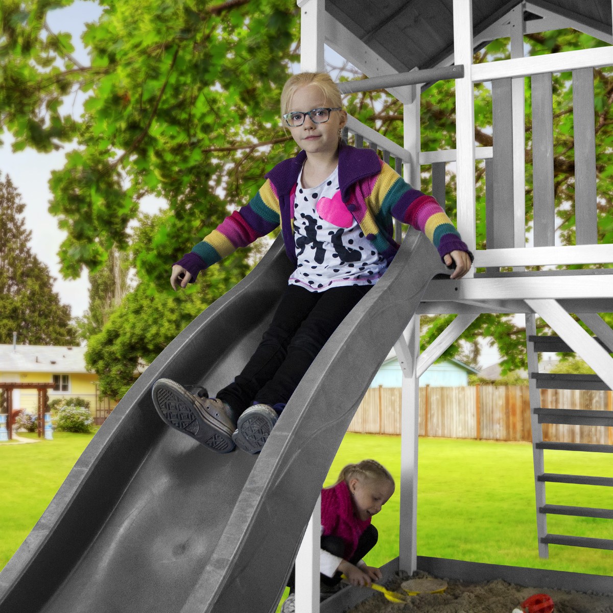 Spielturm Beach Tower Climbing & Swing grau/weiß mit Rutsche grau