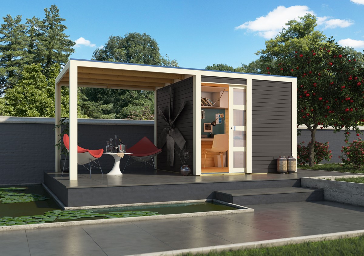 Gartenhaus Qubic 1 - 246x246 cm plus Anbaudach 2,40m, 19 mm Holz terragrau, Karibu