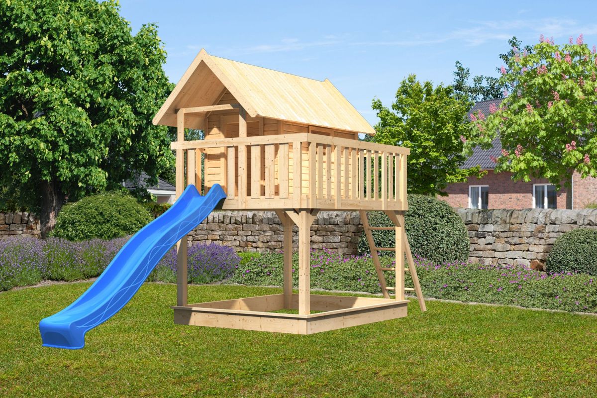 Stelzenhaus FIDEL naturbelassen, Set mit Rutsche blau, Karibu