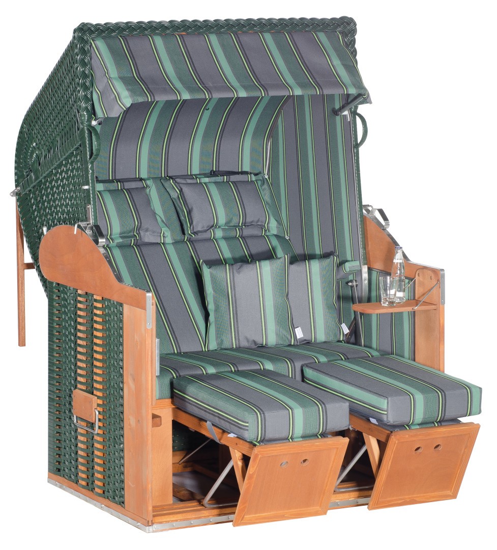 Liege-Strandkorb Classic grün mit Stoff 188 und extra Kissen, 2-Sitzer 