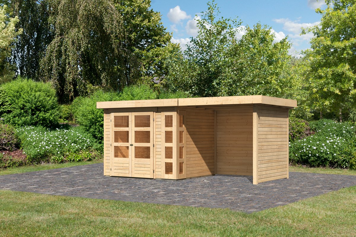 Gartenhaus Kerko 3 - 238x213 cm plus Anbaudach 2,40 m mit Wänden, 19 mm Holz naturbelassen