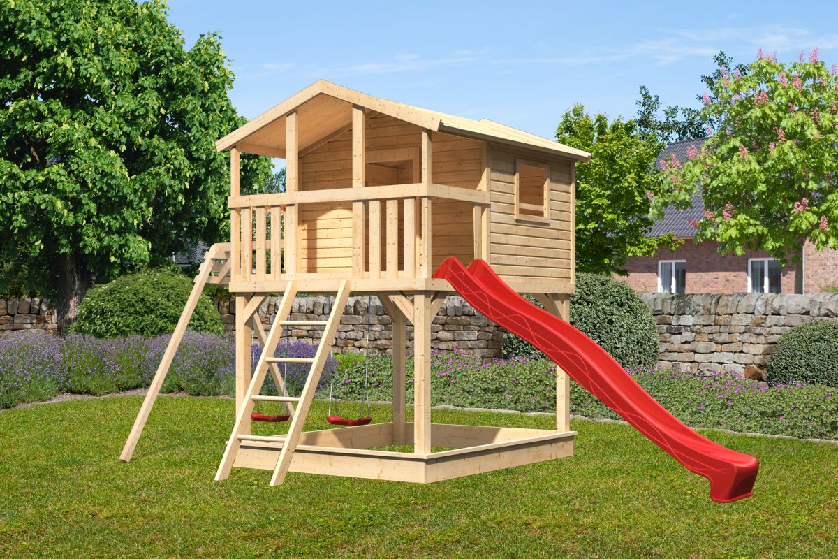 Stelzenhaus Benjamin naturbelassen mit Doppelschaukel und Rutsche rot