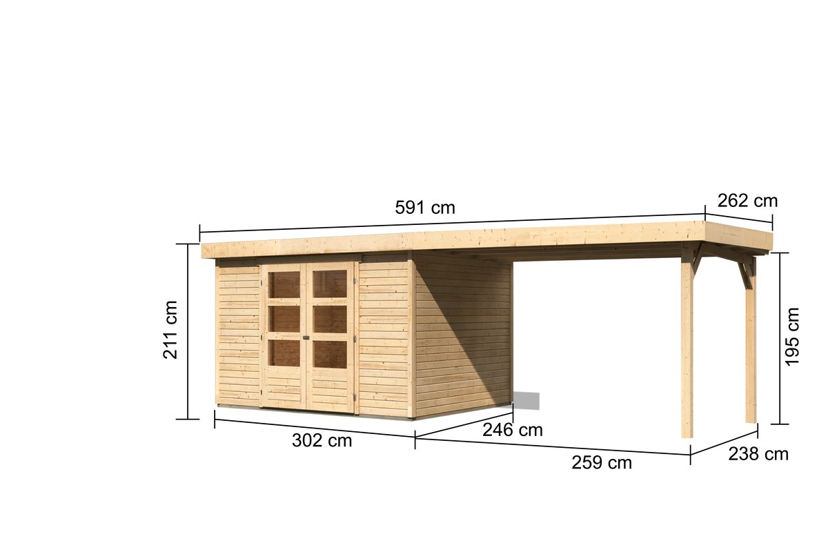 Gartenhaus Askola 5, 302 x 246 cm inkl Anbaudach 2,80 m, 19 mm Holz naturbelassen, Karibu
