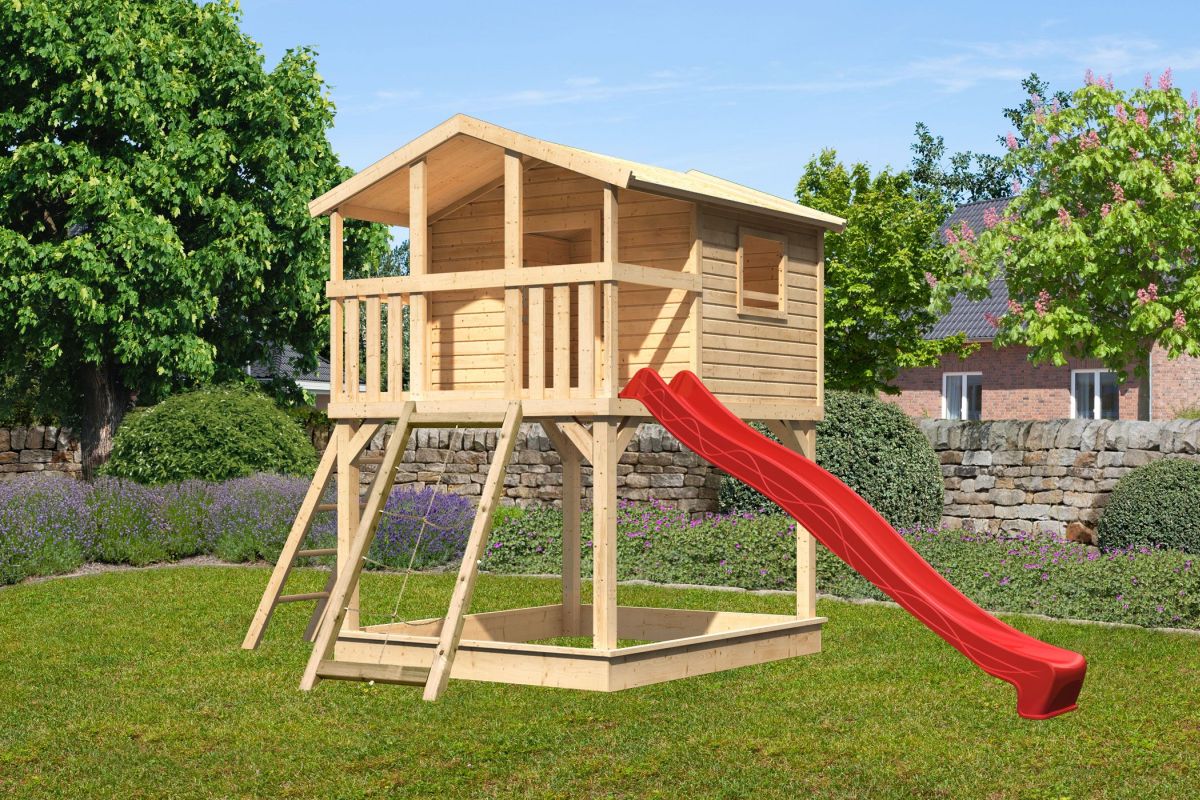 Stelzenhaus Benjamin naturbelassen mit Rutsche rot und Netzrampe