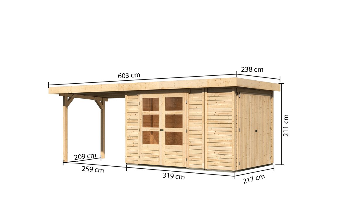 Gartenhaus Retola 3, 319x217 cm mit Anbauschrank und Anbaudach 2,80 m, 19 mm Holz naturbelassen, Karibu
