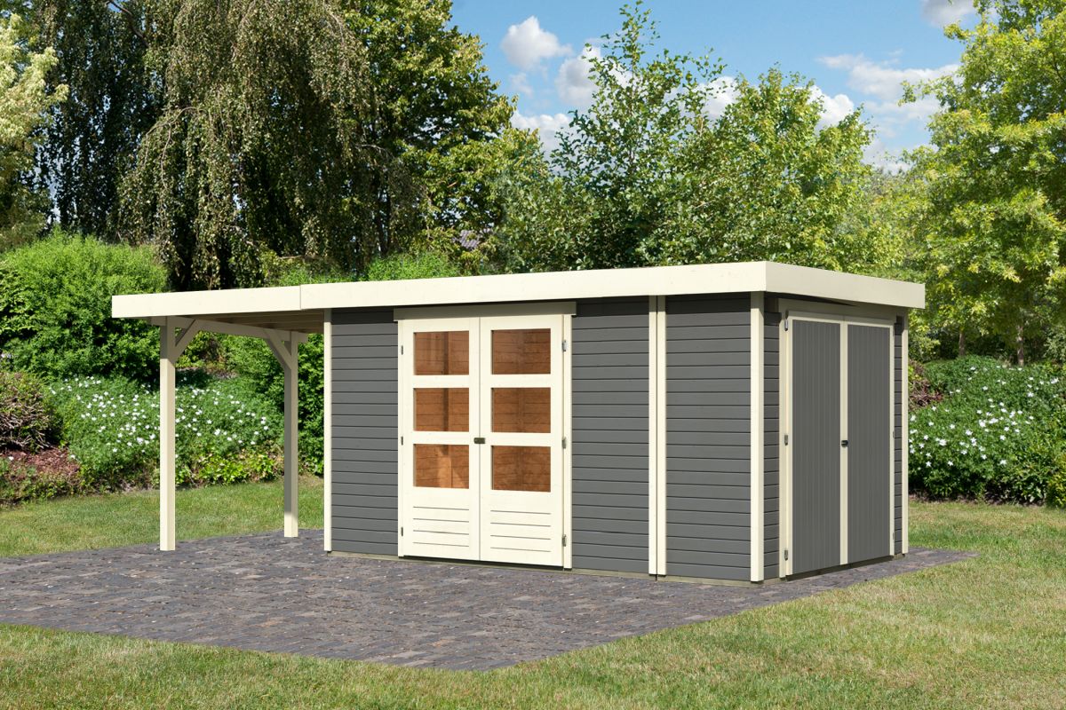 Gartenhaus Retola 6, 377x246 cm mit Anbauschrank und Anbaudach 2,40 m, 19 mm Holz terragrau