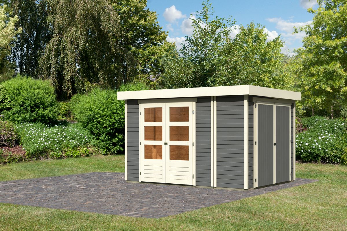 Gartenhaus Retola 4, 319x246 cm mit Anbauschrank, 19 mm Holz terragrau, Karibu