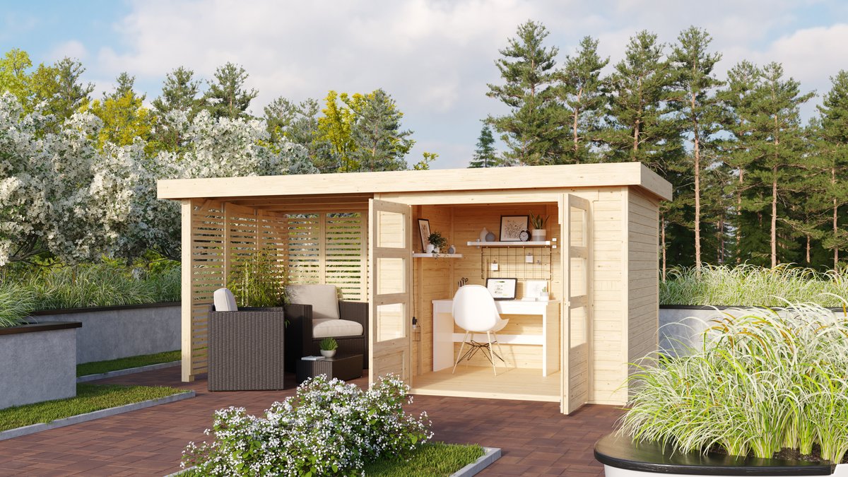 Gartenhaus Askola 3 - 242x217 cm, 19 mm naturbelassen mit Anbaudach 2,40m und Lamellenwänden, Karibu
