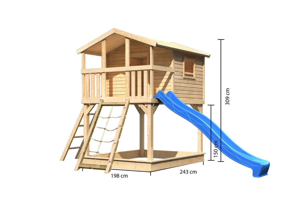 Stelzenhaus Benjamin naturbelassen mit Rutsche blau und Netzrampe