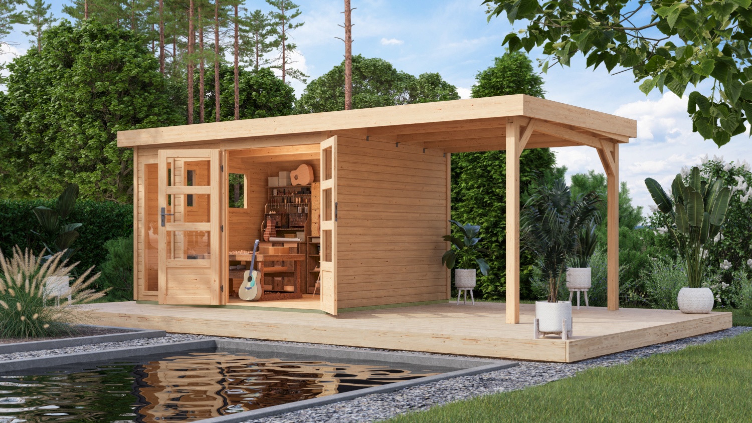 Gartenhaus Lahar 5 - 302x246 cm plus 2,40 m Anbaudach, 19 mm Holz naturbelassen, Karibu