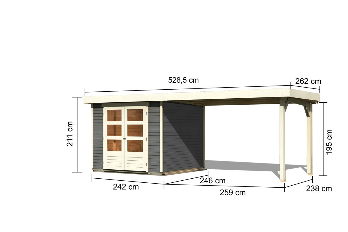 Gartenhaus Askola 3,5 - 242 x 246 cm inkl. Anbaudach 2,40 m, 19 mm Holz terragrau, Karibu