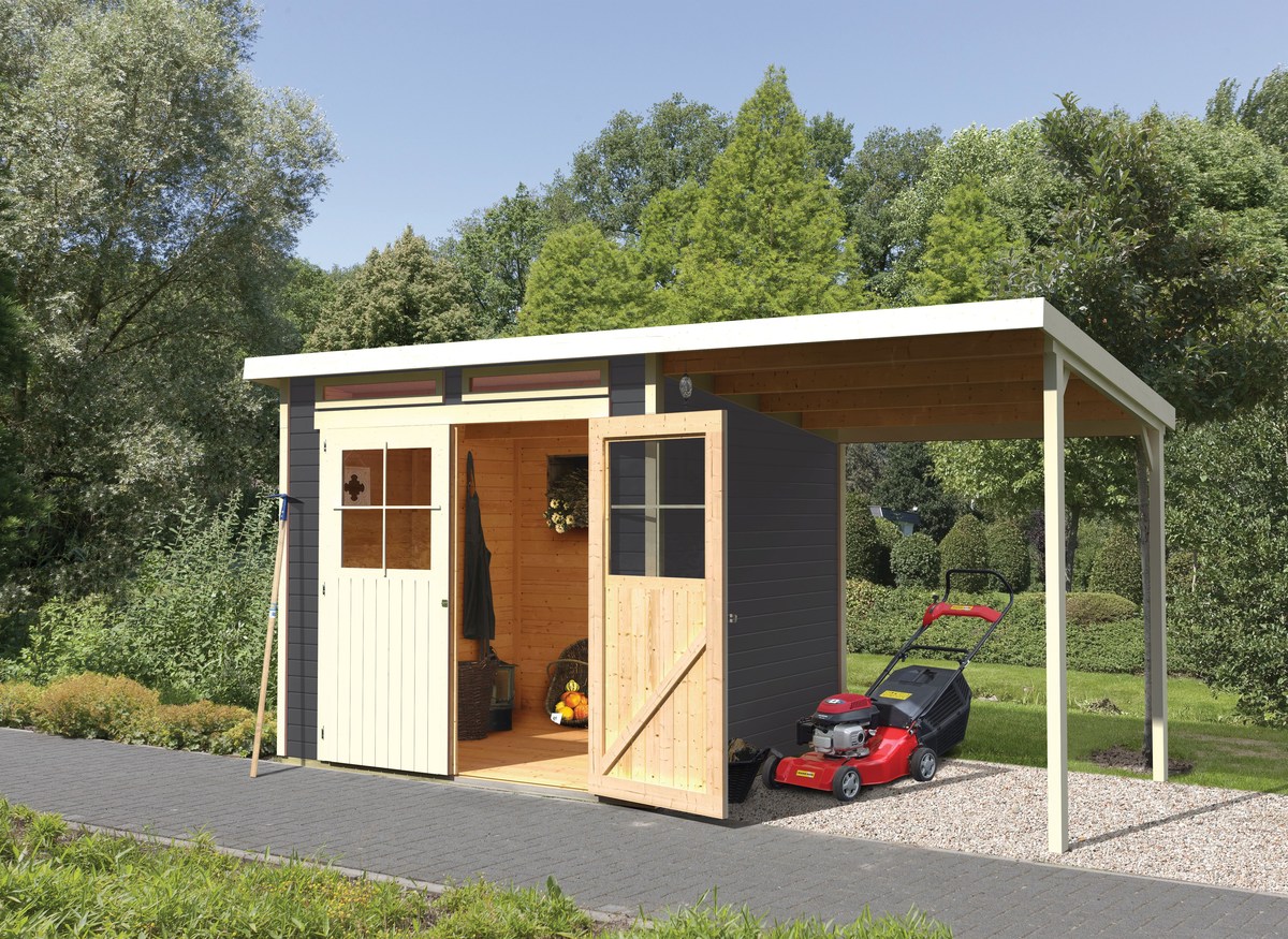 Gartenhaus Glücksburg 4 terragrau - 242x217 cm mit Anbaudach 190 cm, 19 mm Holz, Karibu