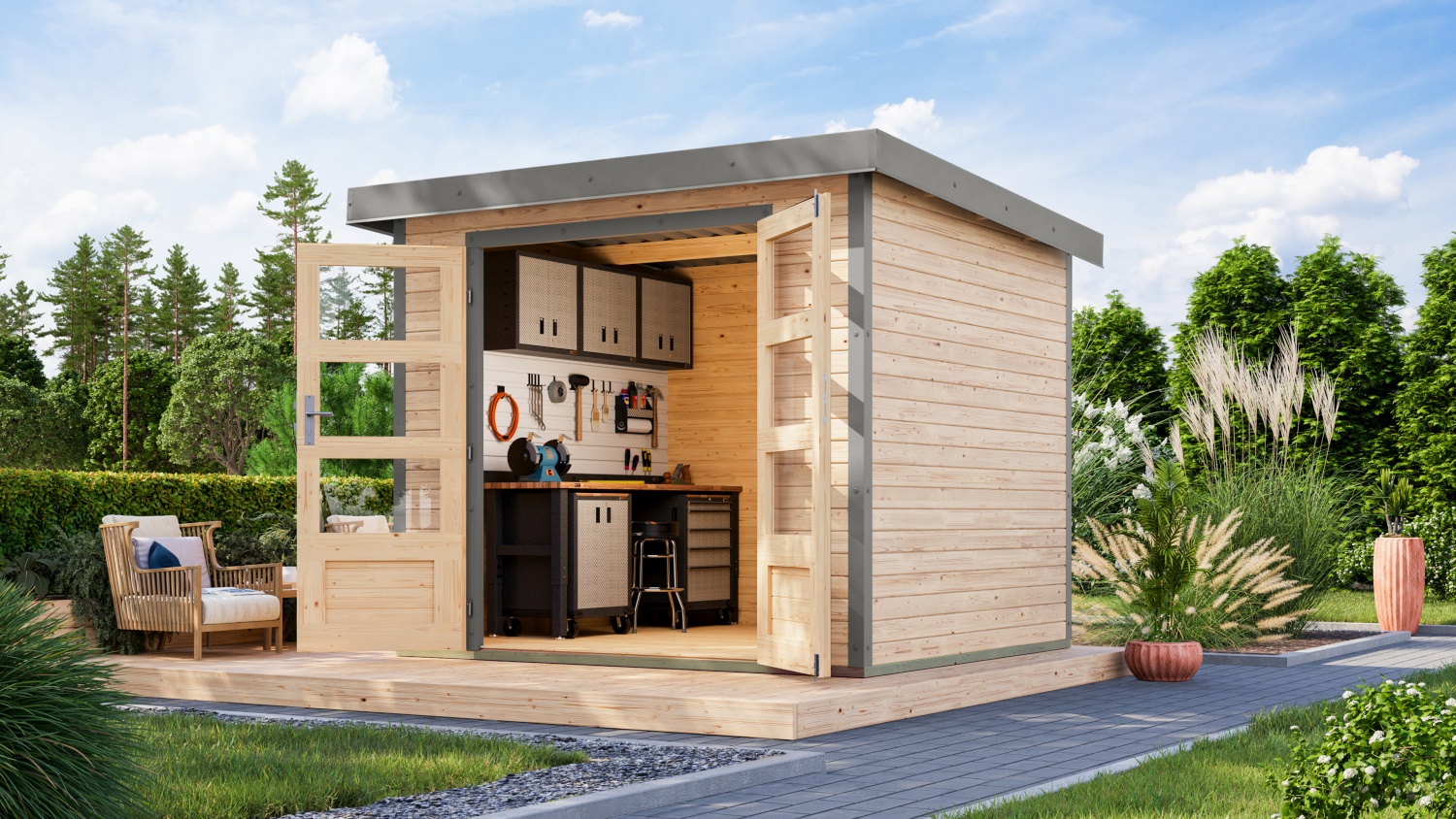 Hybrid-Gartenhaus Jupiter 3A - 238x213 cm, 19mm naturbelassen/graualuminium