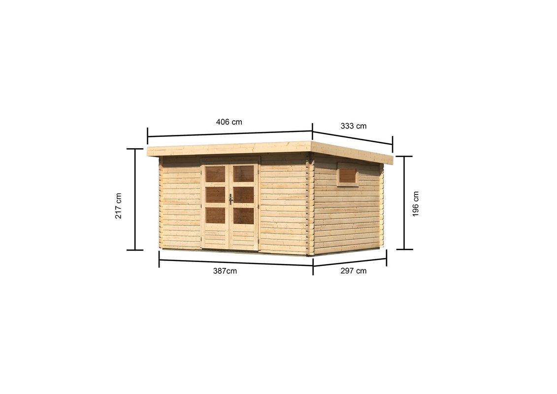 Blockbohlengartenhaus Trittau 5 - 387x297 cm, 38 mm Holz naturbelassen, Karibu