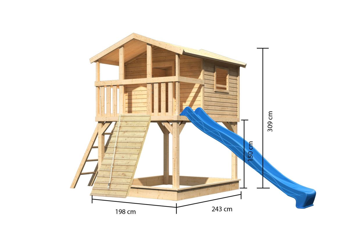 Stelzenhaus Benjamin naturbelassen mit Rutsche blau und Holzrampe