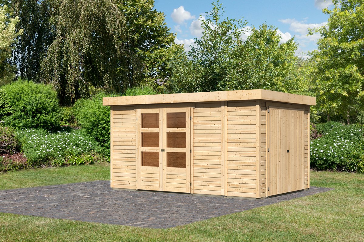 Gartenhaus Retola 6, 377x246 cm mit Anbauschrank, 19 mm Holz naturbelassen, Karibu