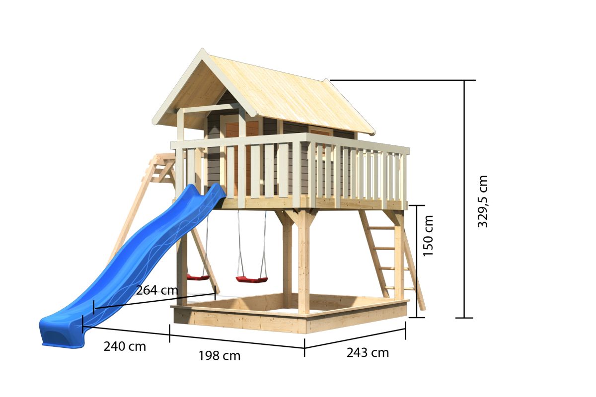 Stelzenhaus FIDEL terragrau mit Doppelschaukel und Rutsche blau
