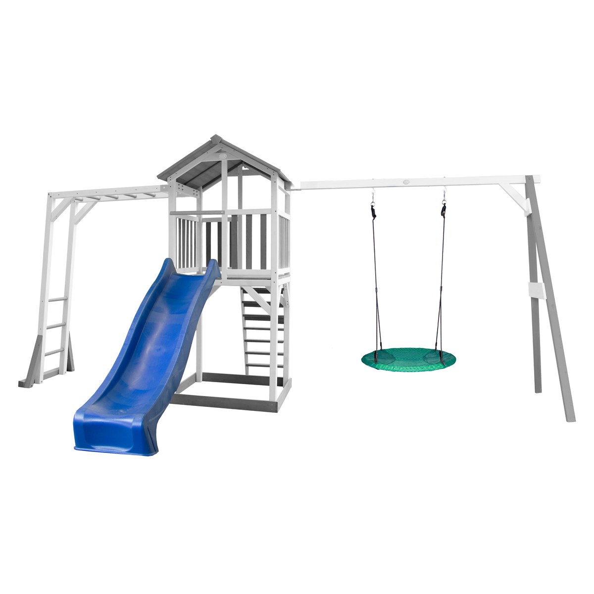 Spielturm Beach Tower Climbing & Summer Nest Swing grau/weiß mit Rutsche blau