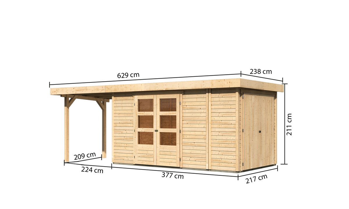 Gartenhaus Retola 5, 377x217 cm mit Anbauschrank und Anbaudach 2,40 m, 19 mm Holz naturbelassen,