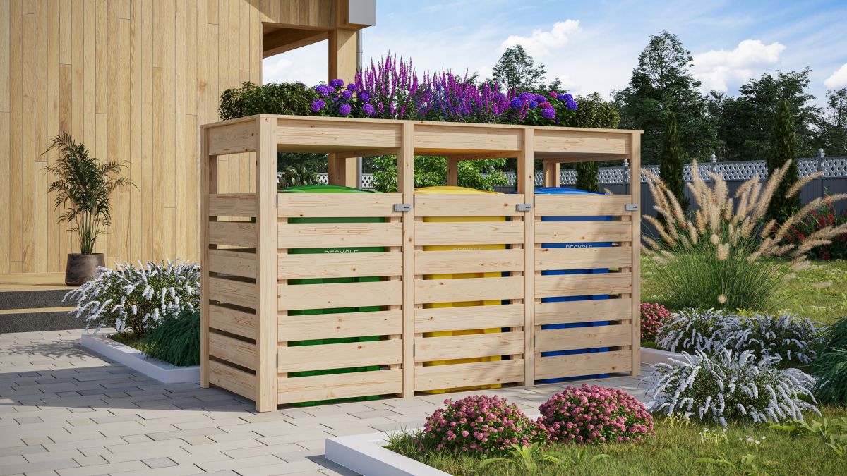 Bepflanzbare Holz-Mülltonnenbox 3er 240l naturbelassen, 238x88x143 cm