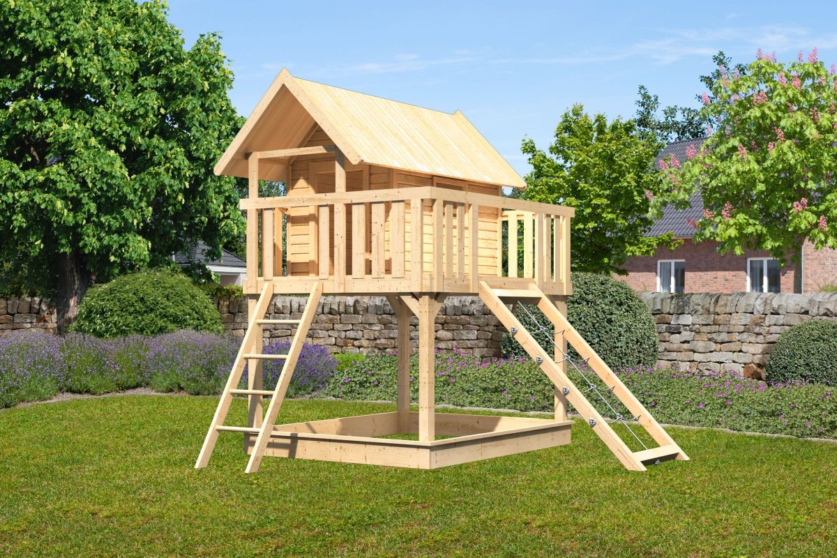 Stelzenhaus FIDEL naturbelassen, Set mit Netzrampe, Karibu