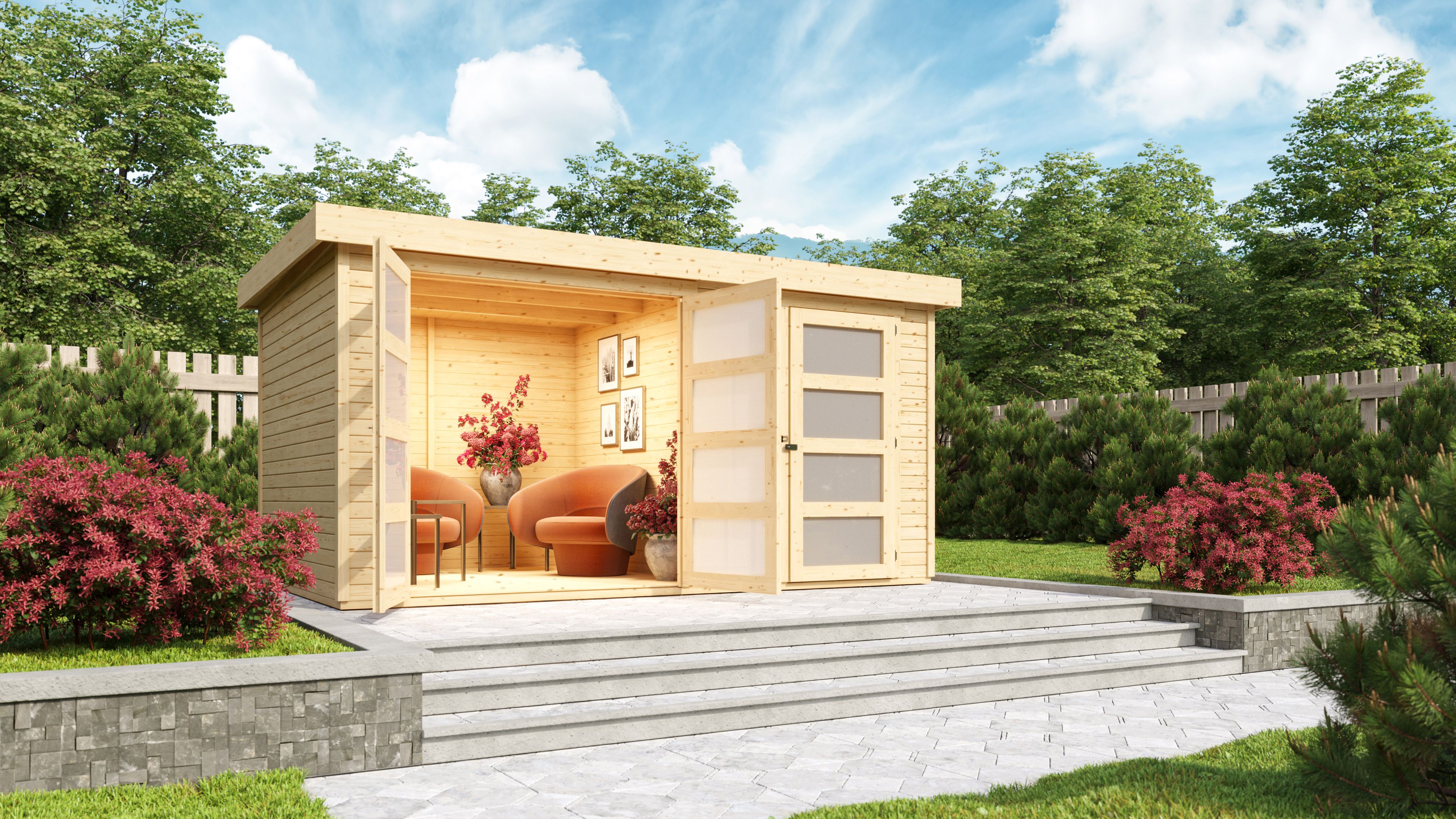 Mittelwandhaus Mühlentrup 2 - 404x272 cm, 19 mm Holz naturbelassen, Karibu