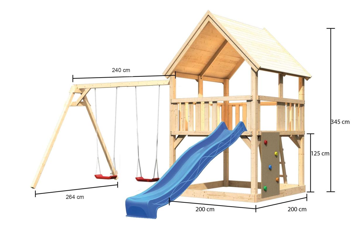 Spielturm Luis natur, SET mit Kletterwand, Doppelschaukel und Rutsche blau