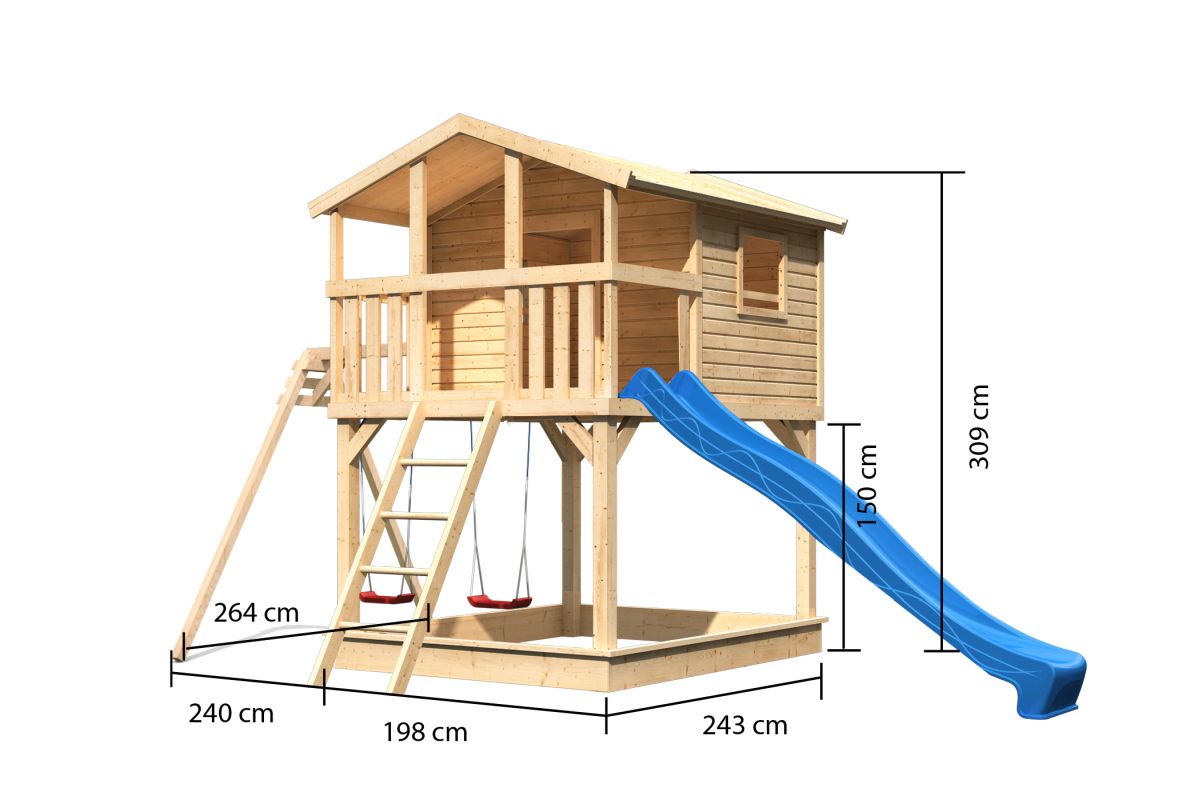 Stelzenhaus Benjamin naturbelassen mit Doppelschaukel und Rutsche blau