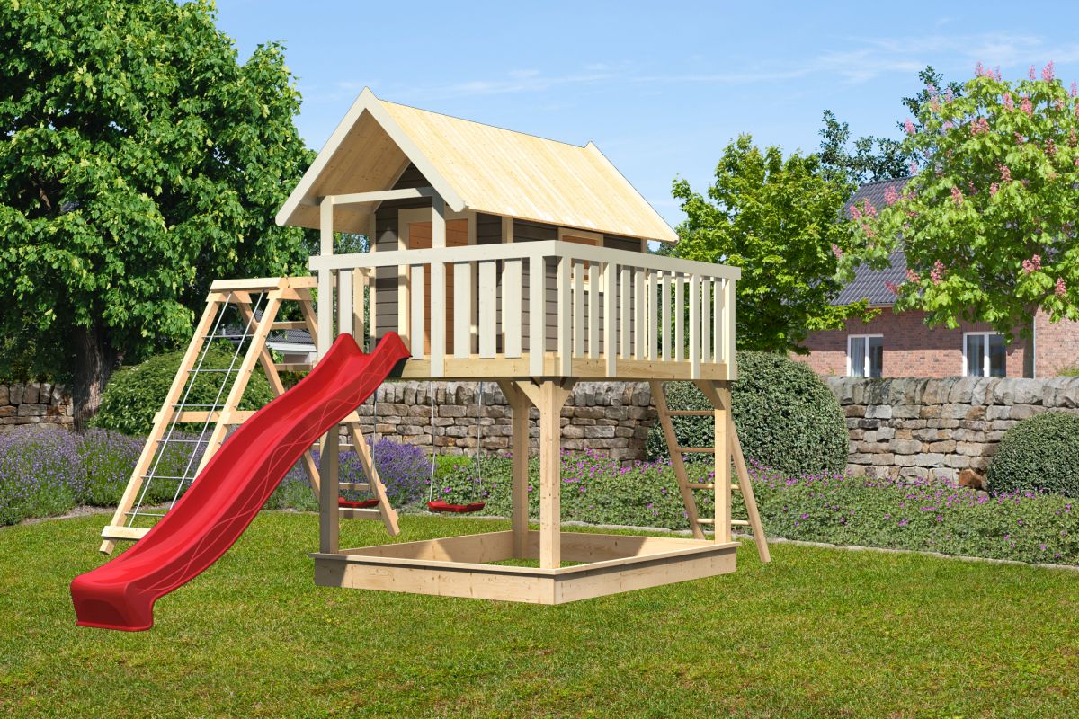 Stelzenhaus FIDEL terragrau mit Kletterlschaukel und Rutsche rot