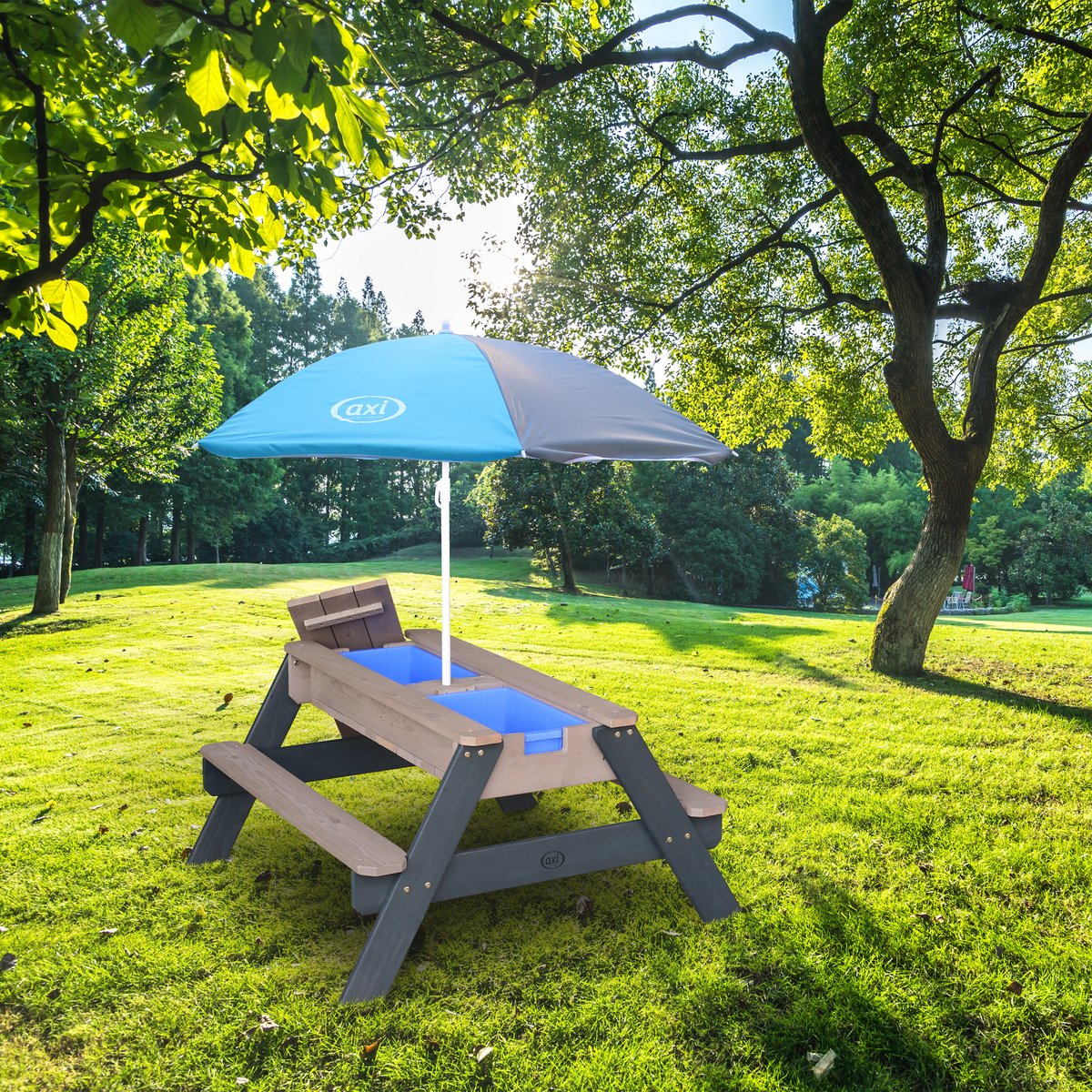 Sand/Wasser-Spieltisch Nick mit Sonnenschirm, multifunktionaler Picknicktisch