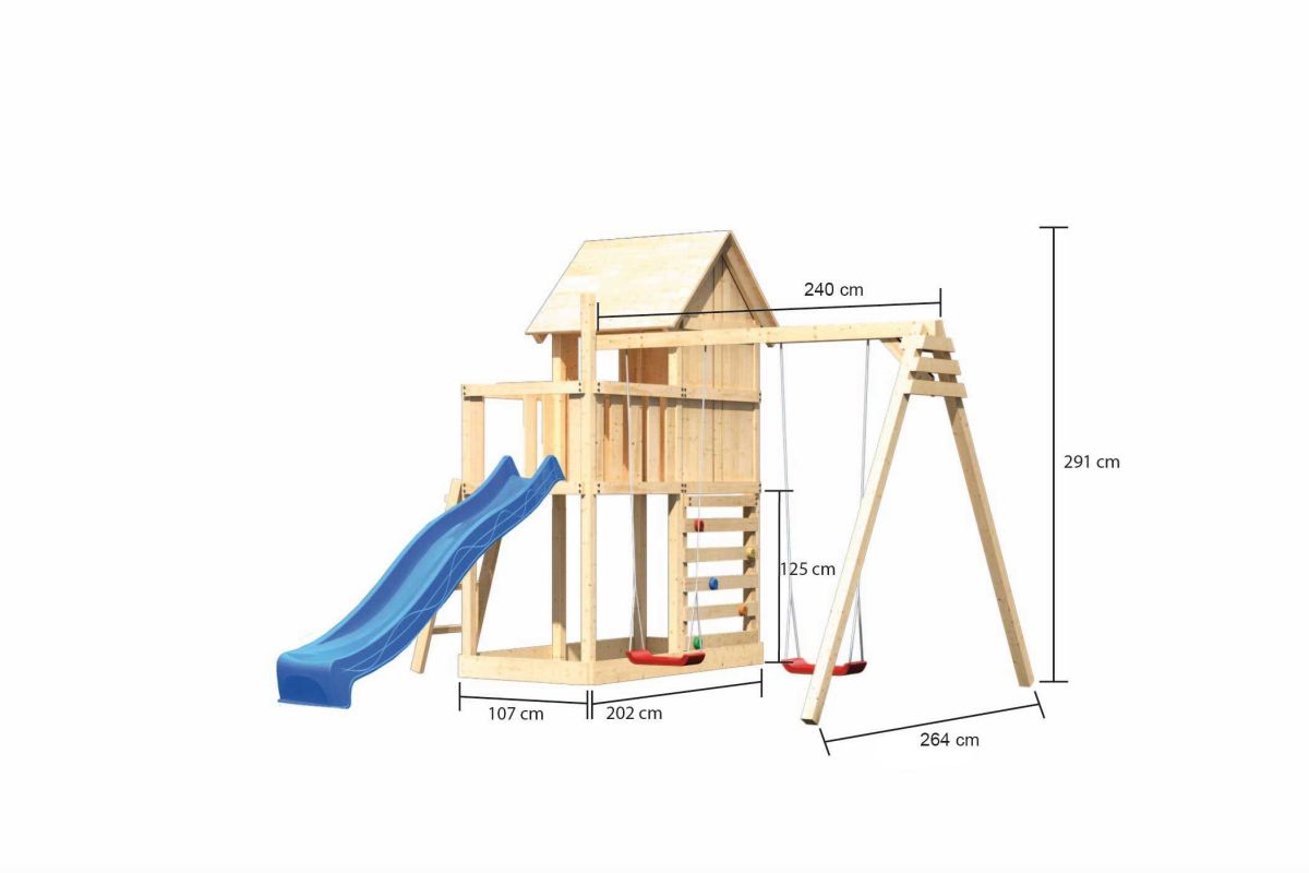 Stelzenhaus Frieda naturbelassen, Set mit Doppelschaukel, Kletterwand und Rutsche blau